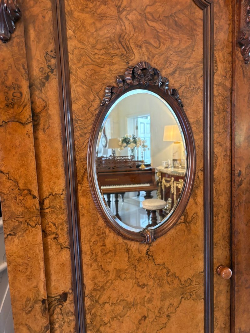 Outstanding Quality Large Antique Victorian Unusual Carved Burr Walnut 3 Door Wardrobe - Image 14